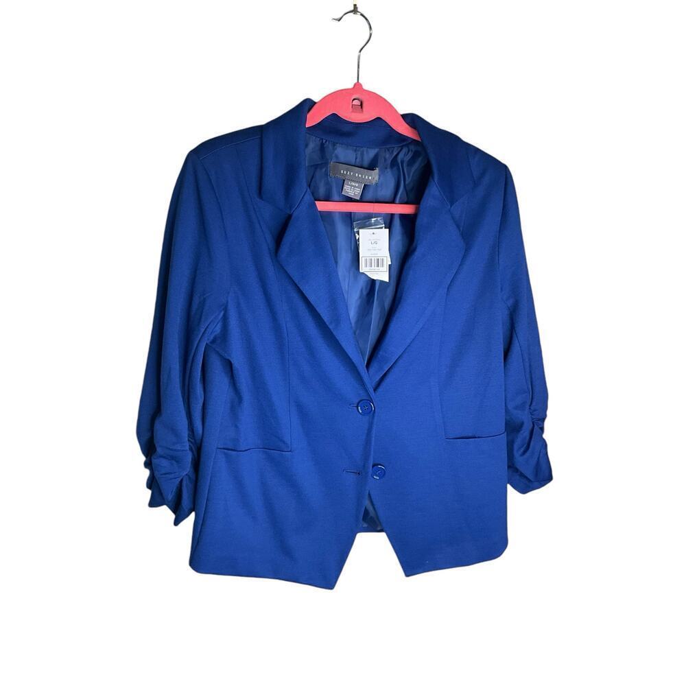 Suzy Shier Ruched Sleeve Blazer 2 Button Stretch Notch Collar Blue Womens Large